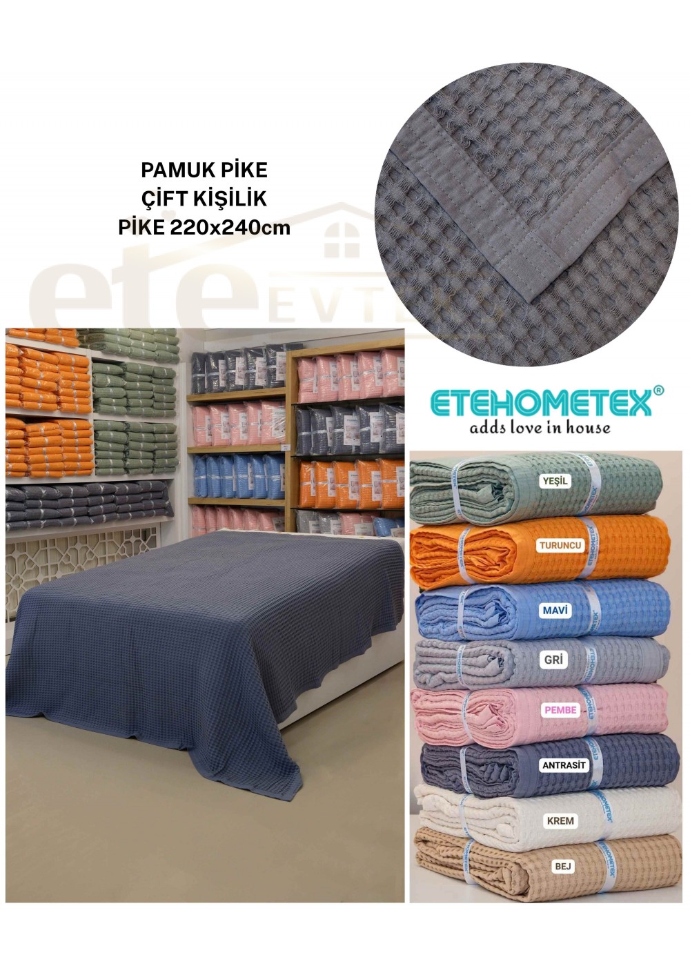ETEHOMETEX HAVUZLU PİKE ÇİFT KİŞİLİK 220X240CM ANTRASİT 8696474231871